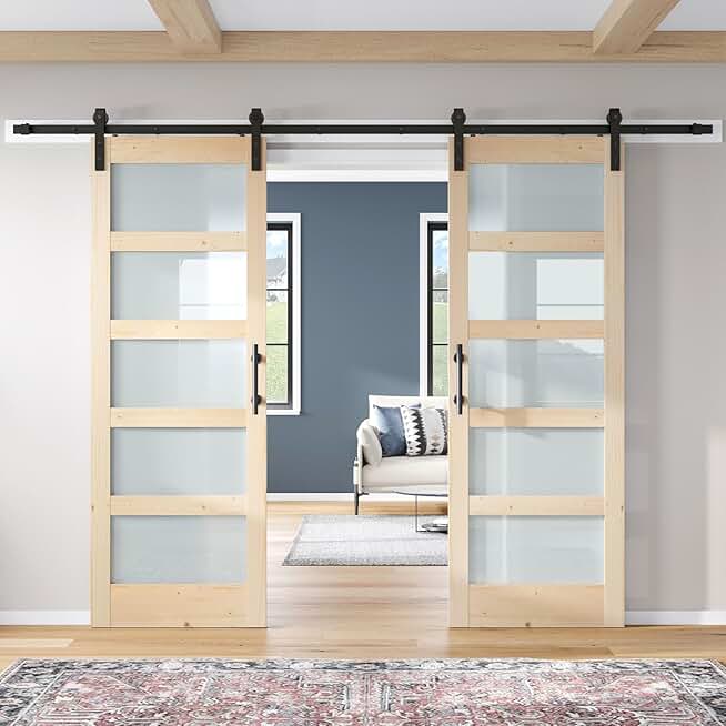 Double 32x84 Inch Glass Sliding Barn Door with 5.5ft Hardware Kit and Track Connector.