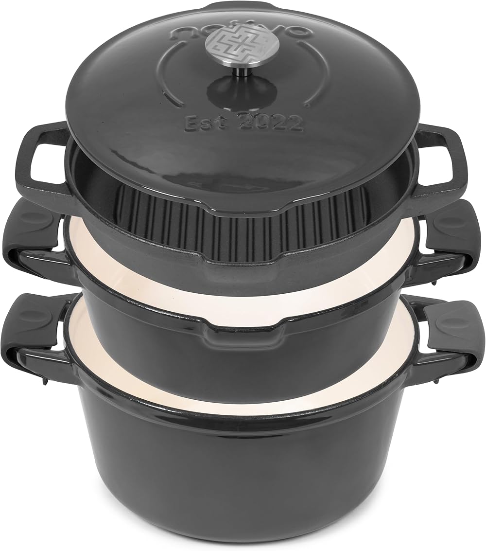 NATIVO 5 pc Stackable Cast Iron Cookware Set, Versatile Enamel Dutch Oven, Seasoned Grill Pan & Enamel Braiser with Precision Pour Spouts, Universal Lid, Included Spacers/Handle Holders, Stormy Grey