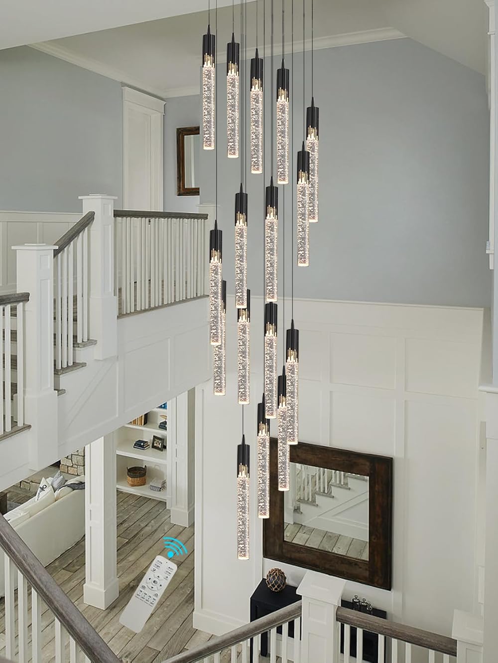 Flashing God 11feet Long Staircase Black Chandelier Modern 16-Lights Transparent Crystal with Bubble Pendant Light High Ceiling Chandelier Dimmable 2700K-6000K Villa Entrance Foyer Lighting