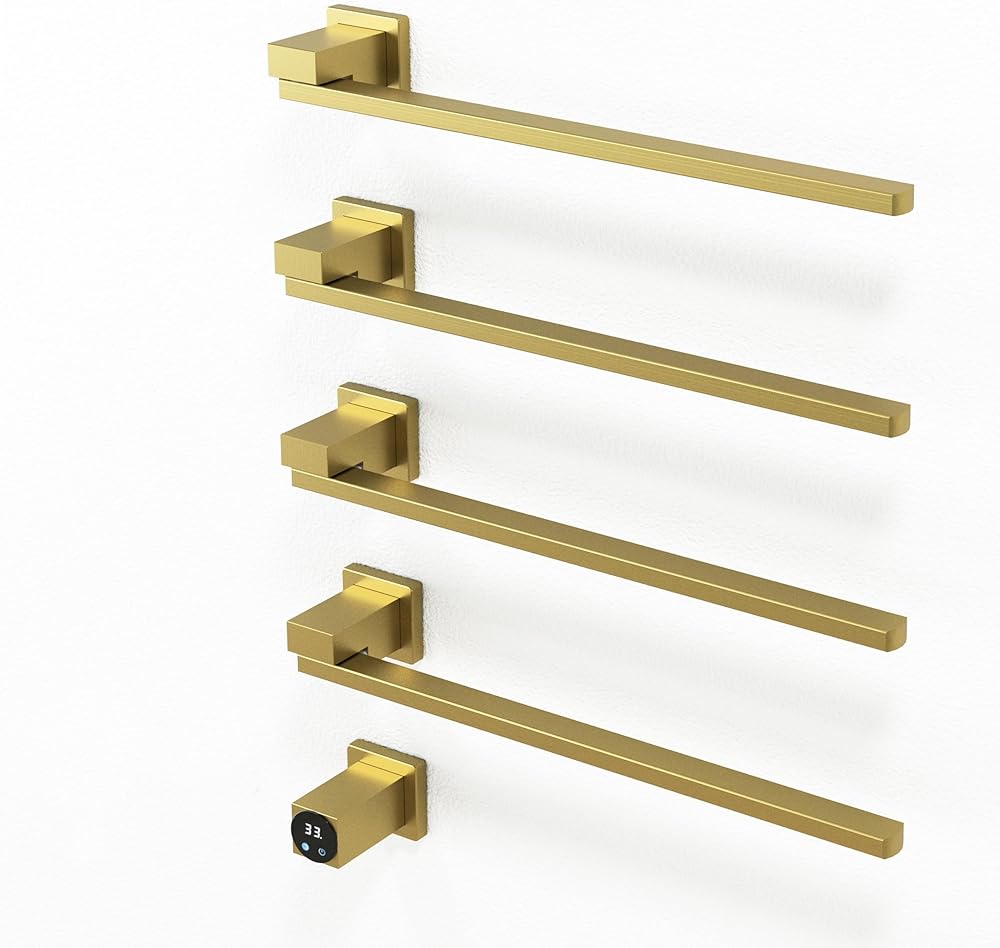 Towel Warmer Shelf with Built-in Timer for Bathroom Wall Mounted Concealed Bath Towel Heater Electric Heated Towel Rack (Square Brushed Gold)