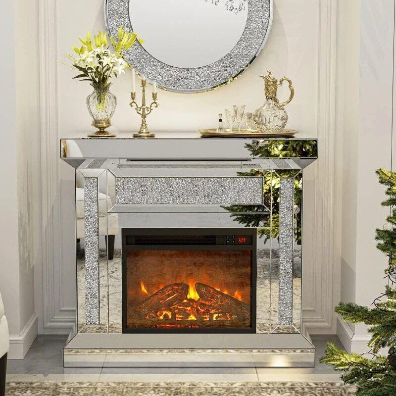 Modern Art Deco Mirrored Electric Fireplace, 46*40.3*12.5 inches, Silver