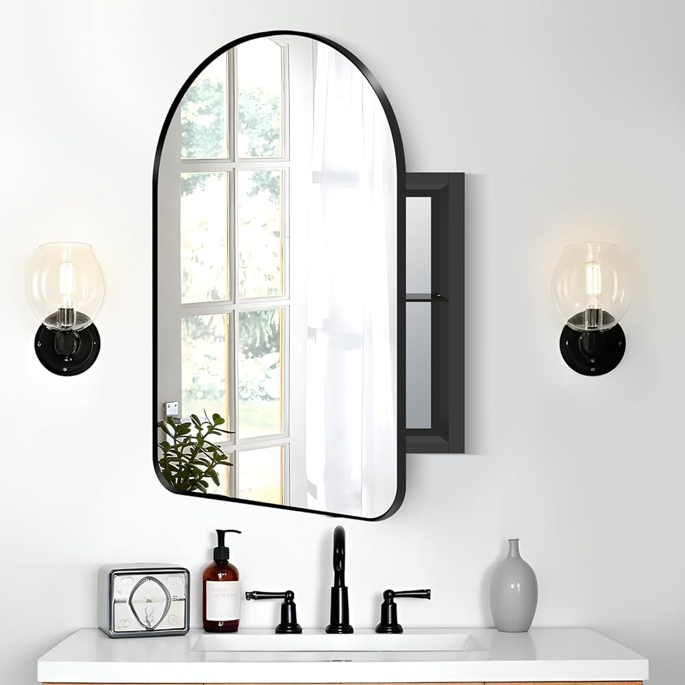 Arched Medicine Cabinet Mirror, Black Metal Framed Recessed Bathroom Medicine Cabinet with Vanity Mirror,Bathroom Cabinet with Mirror and Adjustable Shelves 16x24 Inch