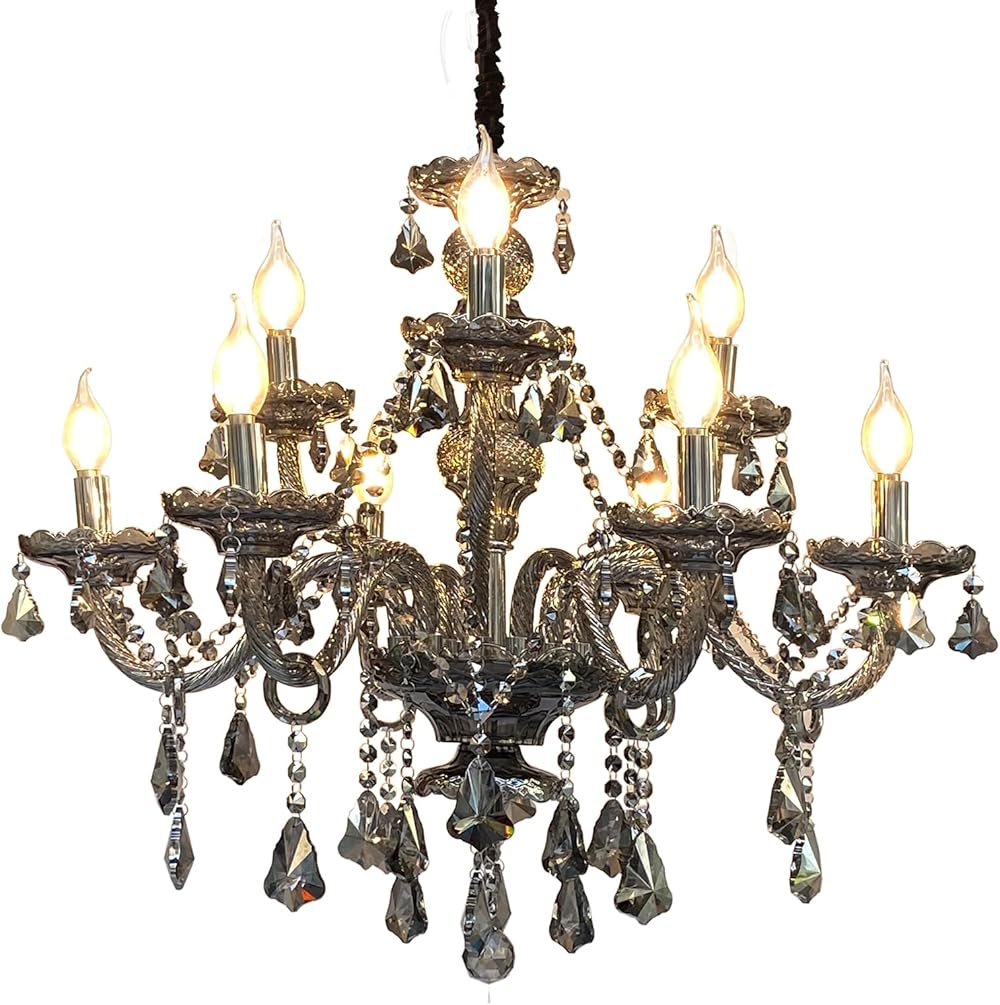 Luxury Crystal Chandelier Smoke gray,Double Layer K9 Crystal Chandelier Light Fixtures 9-Light Candle Style Crystal Ceiling Light Lamp for Dining Living Room Bedroom(9 Lights)