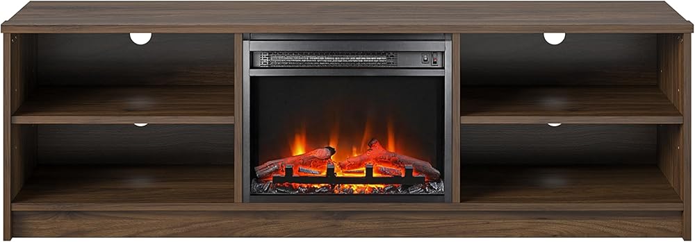 Ameriwood Home Noble TV Stand with Electric Fireplace Insert and 4 Shelves, 65”, Walnut