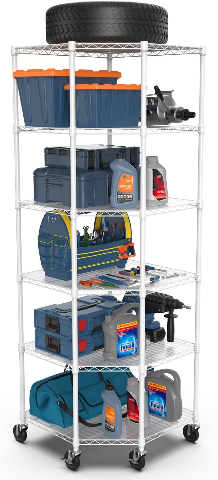 6 Tier NSF Pentagonal Corner Wire Shelf Shelving, 27 x 27 x 82 Inch 2100lbs Capacity Heavy Duty Adjustable Storage Metal Rack with Wheels/Leveling Feet & Shelf Liners, Ideal for Room Corner - White