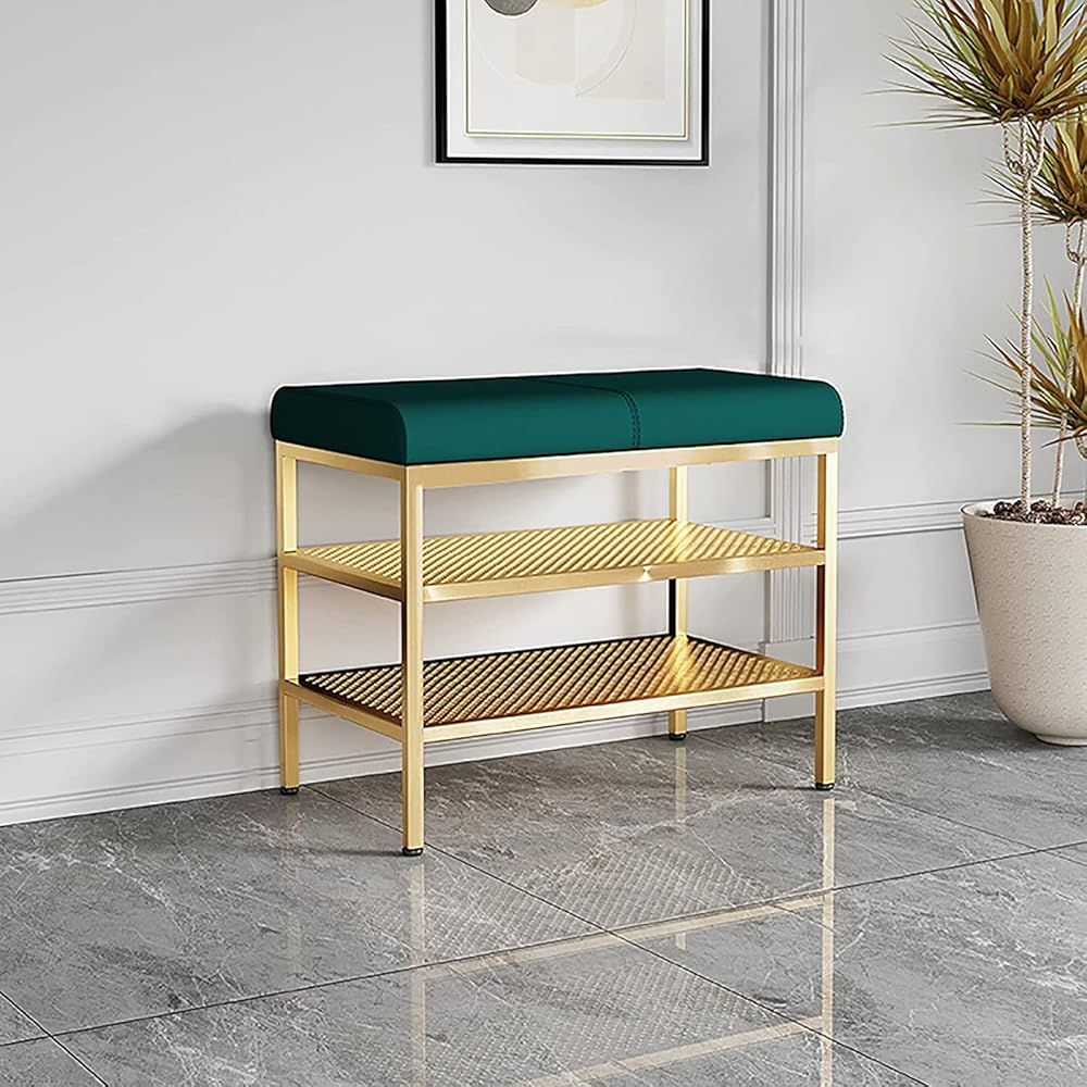 Shoe Storage Bench Entryway Hallway Furniture, Shoe Bench with 2 Tiers Storage Metal Frame Shoe Rack with Foot Pad Design, for Entryway, Living Room, Bedroom(60 * 32 * 47 cm)