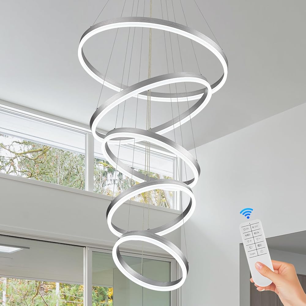 5-Rings Modern LED Chandelier Silver High Ceiling Chandelier with Remote Control Dimmable Contemporary Chandeliers for Dining Room Foyer Living Room Entryway Staircase(3000K-6500K, D23.6’’)