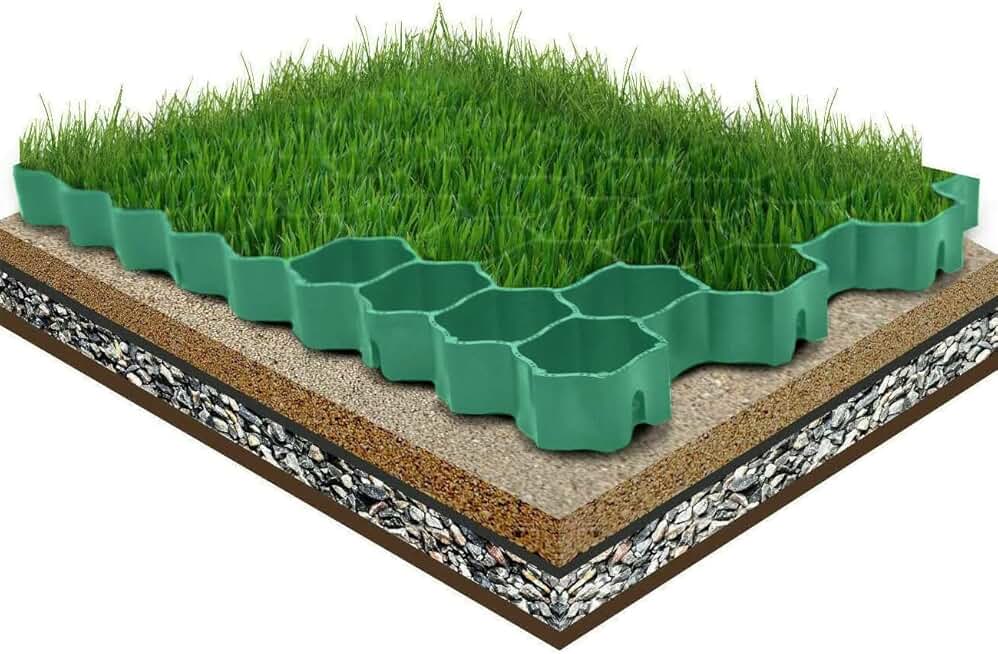 YUEWO Gravel Driveway Grid 1.9” Depth Flat-interlocked Permeable Grass Pavers HDPE Green Plastic Shed Base for Parking Lot, Garden, Fire Lanes Cover 11 Sf.(1 Sm), 4 Pack