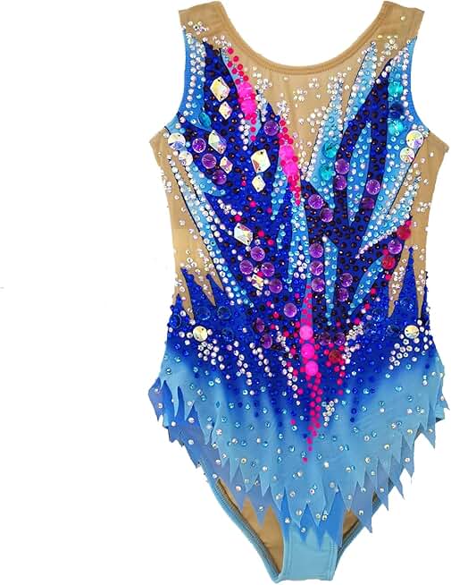 Girl's Blue Sleeveless Artistic Gymnastics Full Diamond Professional Competition Costume