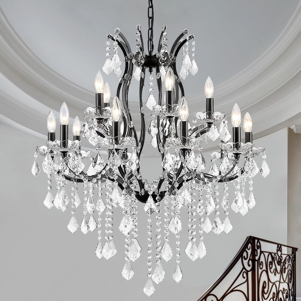 Modern Crystal Chandeliers, Maria Theresa Black Chandelier Light Fixture for Dining Room, Hallway, Living Room, Bedroom, 15 Lights