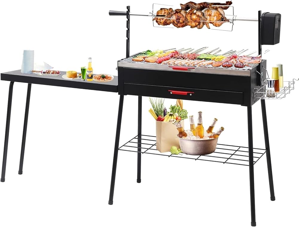 2-Set Heated Camping Chair w Carry Bag, Cooler Bag and Cup Holder + Portable Charcoal Grills Table