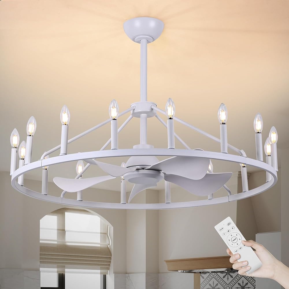 43.3 Inch White Wagon Wheel Chandelier Fan with16 Lights, Rustic Farmhouse Style, Ideal for Dining Room, Kitchen, Entryways, Height Adjustable, E12 Bulbs-not included