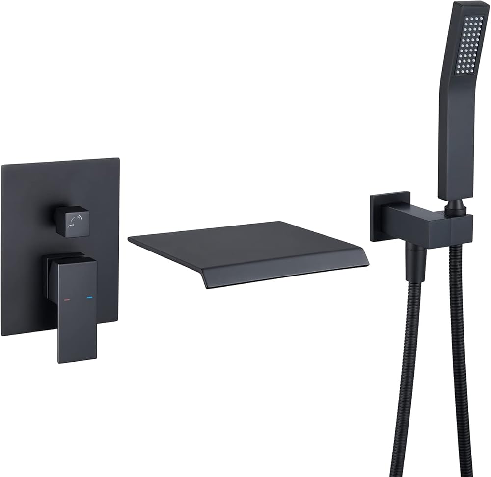 Wall Mount Tub Filler Waterfall Tub Faucet Black Bathtub Faucet Brass Single Handle Bathroom Faucet with Hand Shower