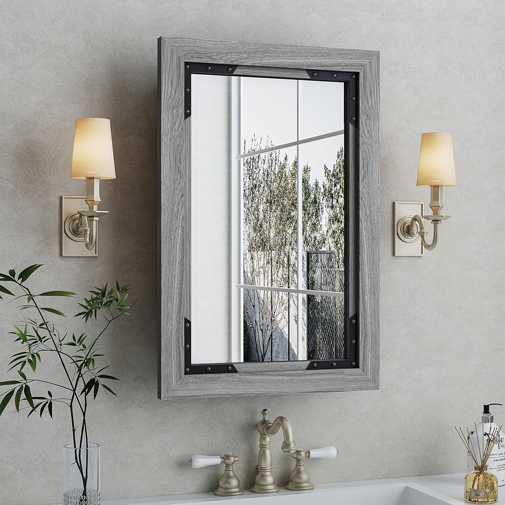Medicine Cabinet Mirror 24 x 36 Inch Farmhouse Bathroom Mirror Door Paulownia Wood Storage Cabinet with Adjustable Shelves, Wall Mounted for Bathroom Living Room, Grey