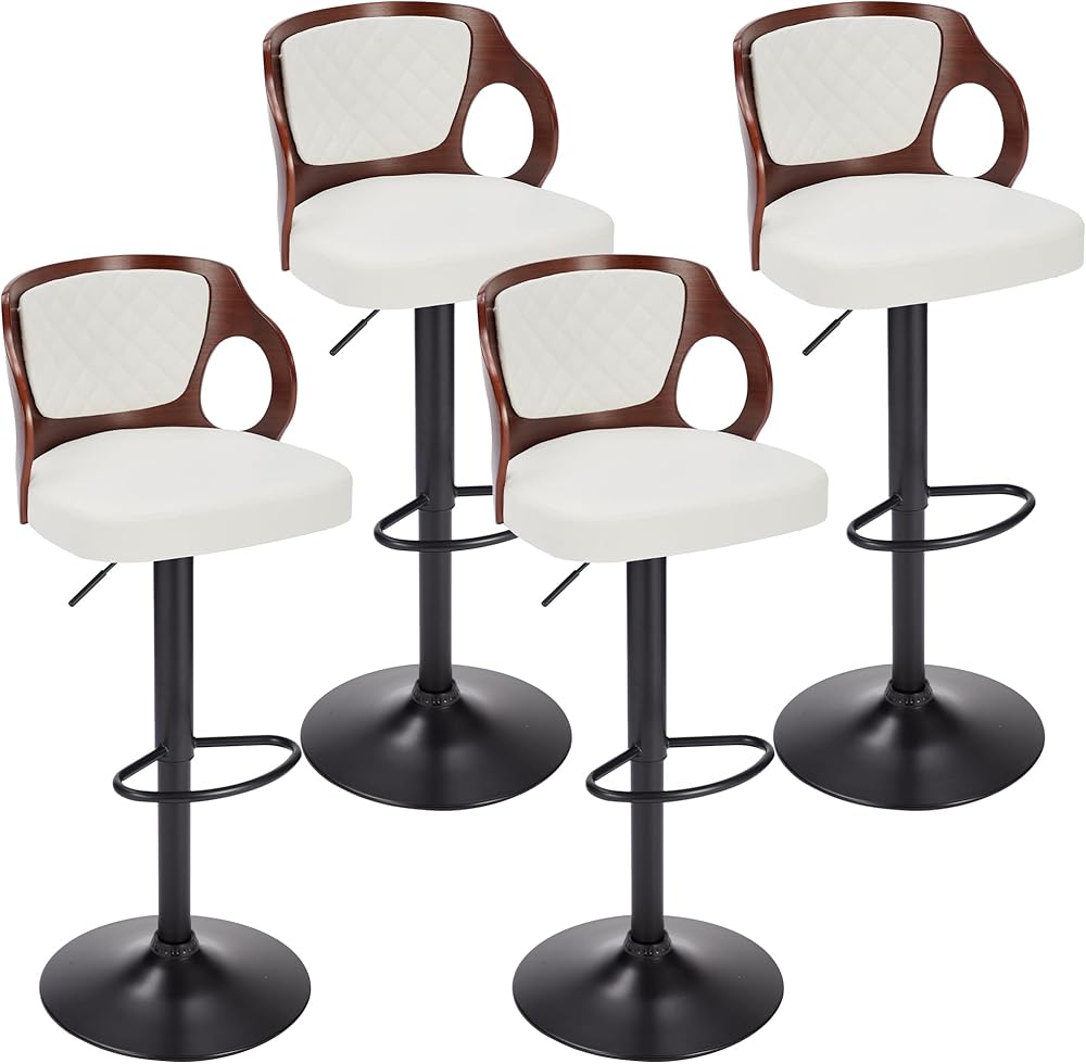 VECELO Bar Stool Set of 4, Kitchen Island Stools with Bentwood Back,Arm&Footrest, PU Leather Cushion Seat Adjustable Height 360° Swivel Barstools for Club Pub,Kitchen Dining Room,White
