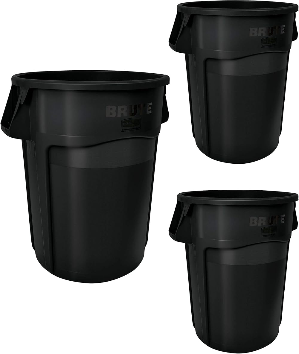 Rubbermaid Commercial Products BRUTE Heavy-Duty Round Trash/Garbage Can, 55-Gallon, Black, Wastebasket for Home/Garage/Bathroom/Outdoor/Driveway, Pack of 3
