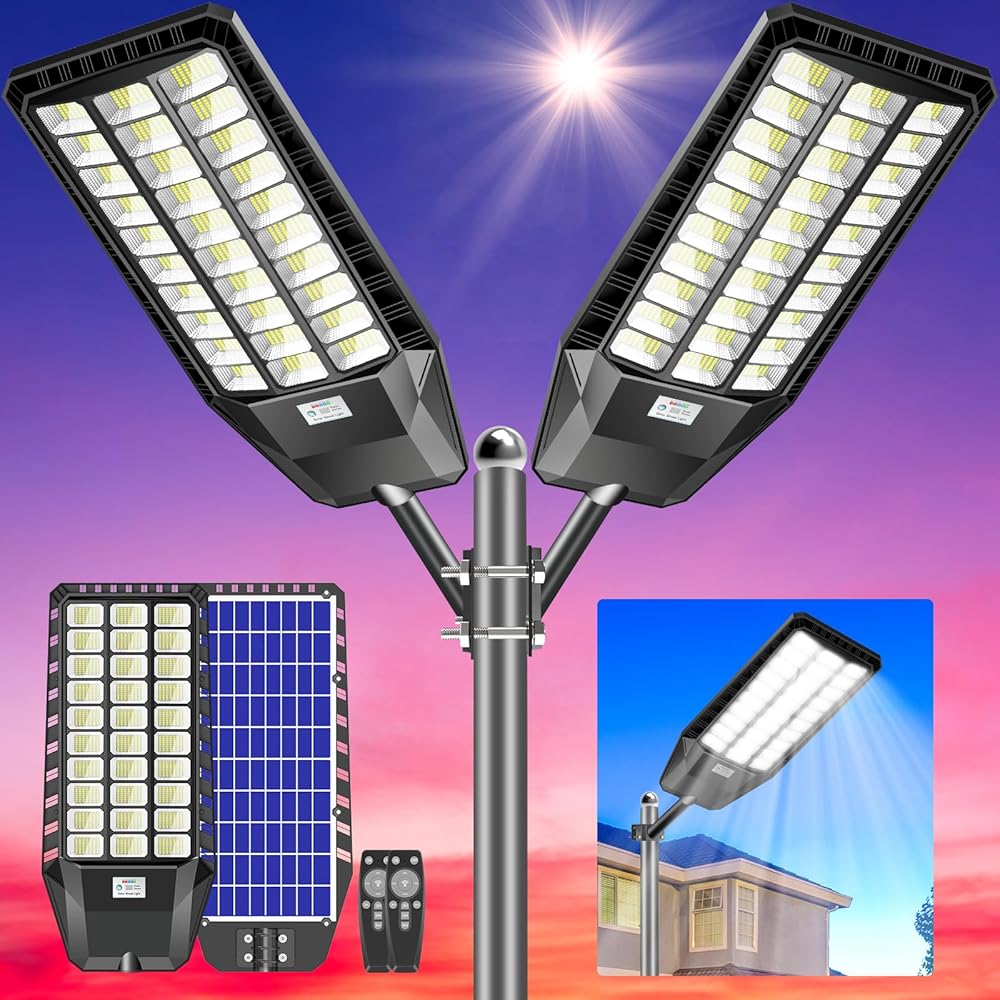 Solar Street Lights Outdoor Waterproof, Solar Parking Lot Lights 6000W 400000 Lumens LED Commercial Street Light Solar Powered Dusk to Dawn with Motion Sensor, 2 Pack