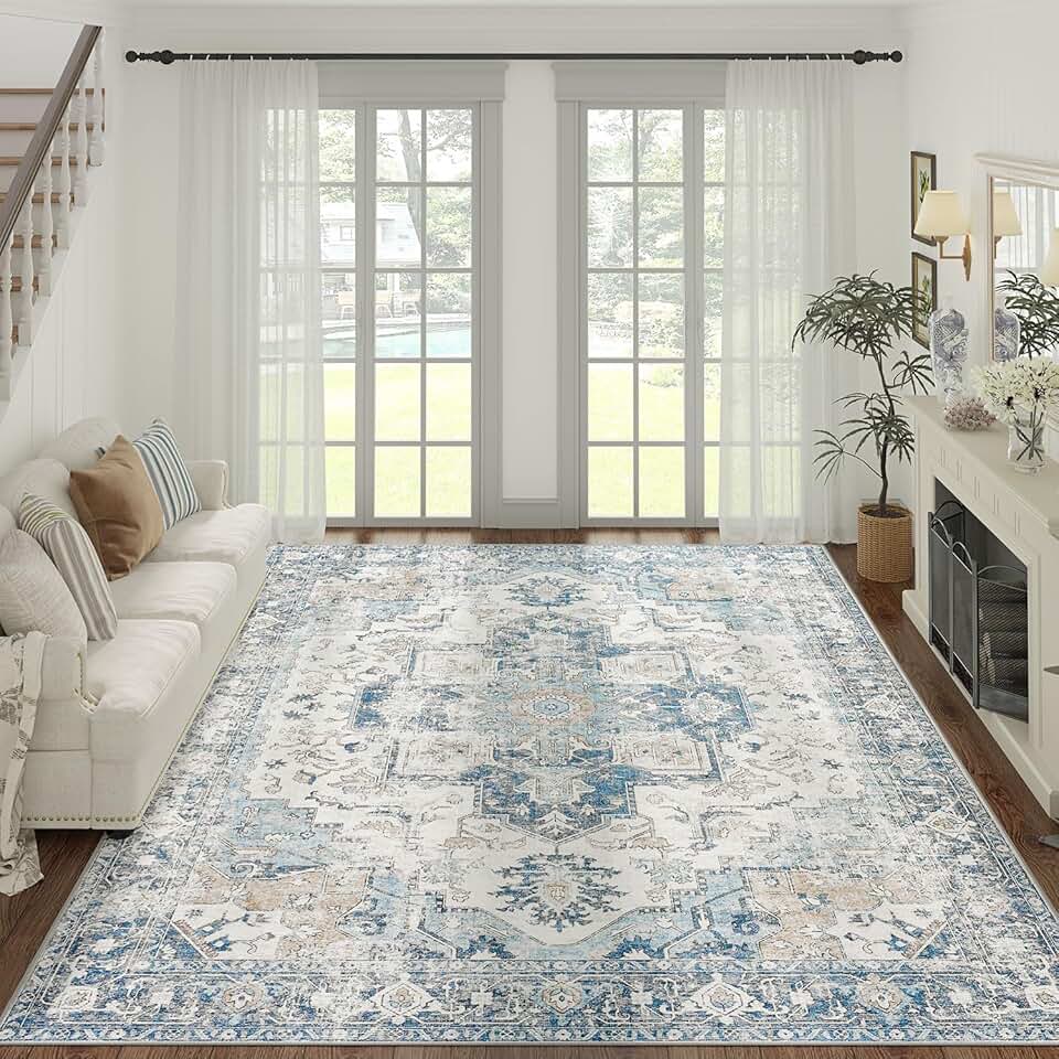 jinchan Area Rug 9x12 Washable Rug Indoor Vintage Rug Floor Cover Print Distressed Carpet Multi Thin Rug Chenille Blue Accent Rug Lightweight Non Slip Kitchen Living Room Bedroom Dining Room