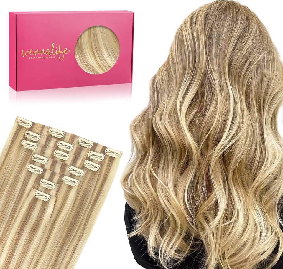 WENNALIFE Seamless Clip In Hair Extensions Human Hair, 24 Inch 160g 7pcs Light Blonde Highlighted Golden Blonde Hair Extensions Clip In Real Human Hair Extensions Clip In Invisible PU Weft Human Hair