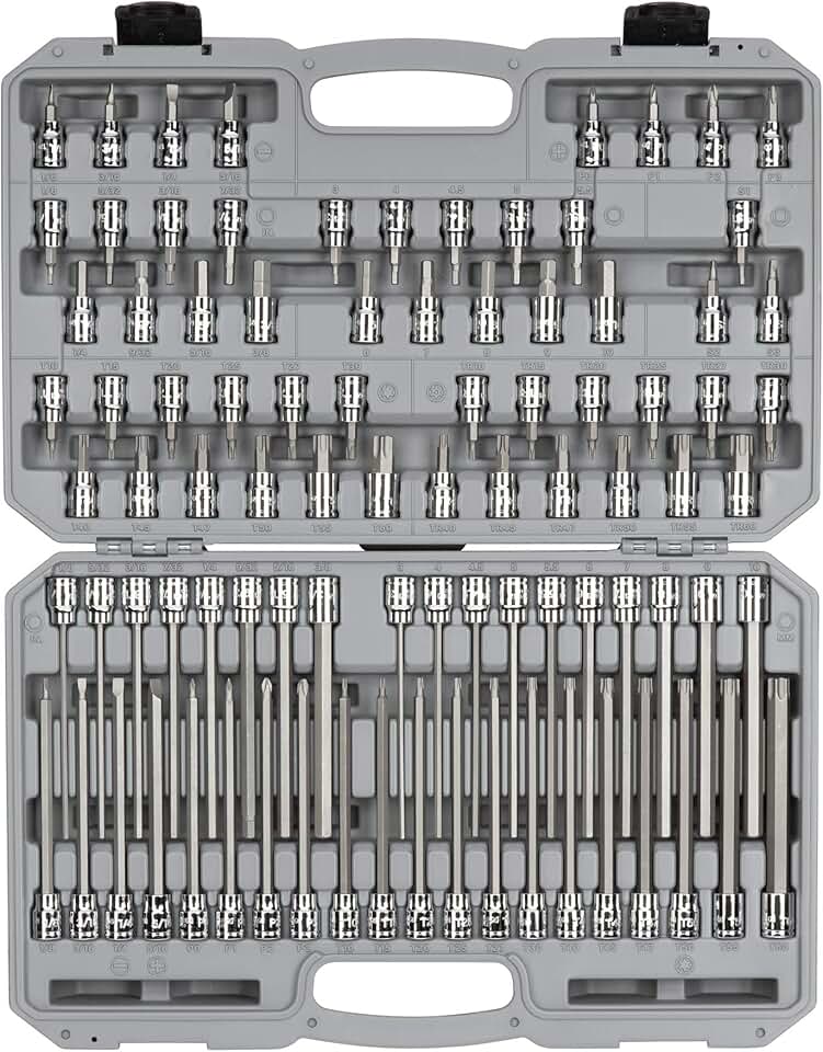 TEKTON 3/8 Inch Drive Hex, Torx, TR Torx, Phillips, Slotted, Square Bit Socket Set (91-Piece) | SHB91312