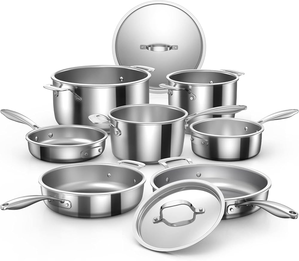 Nuwave Stainless Steel 9-Piece Pro-Smart Cookware Set, Space Saving Nestable Design, Heavy-Duty Tri-Ply, Dishwasher & Oven Safe, Ergonomic Stay-Cool Handles, Induction-Ready & Works on All Cooktops