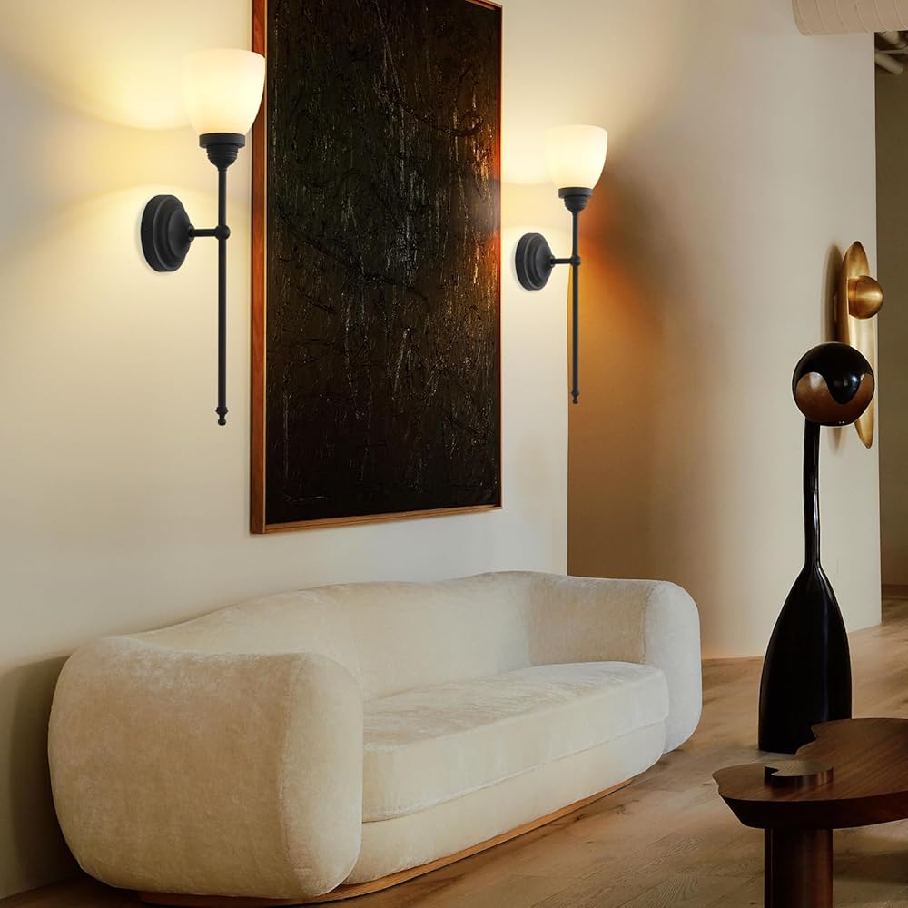 Vintage Wall Sconce Light with White Cloche Glass Shade, Indoor E26 Wall Mounted Lamp Fixture for Living Room Bedroom Bathroom Vanity Stairs