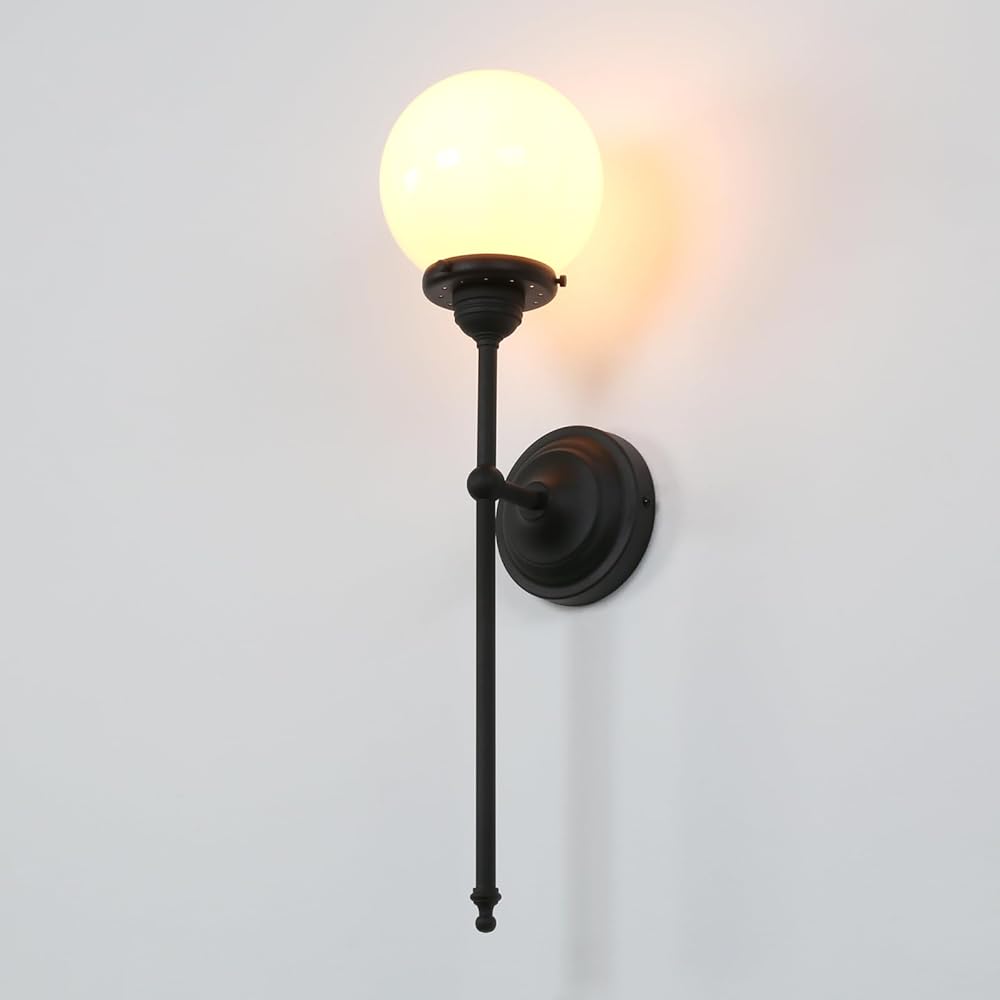 Industrial Vintage Wall Sconce Lighting, Milky White Glass Globe Shade Black Wall Light, Indoor Up and Down Wall Mounted Lamp for Bedroom Kitchen Bathroom