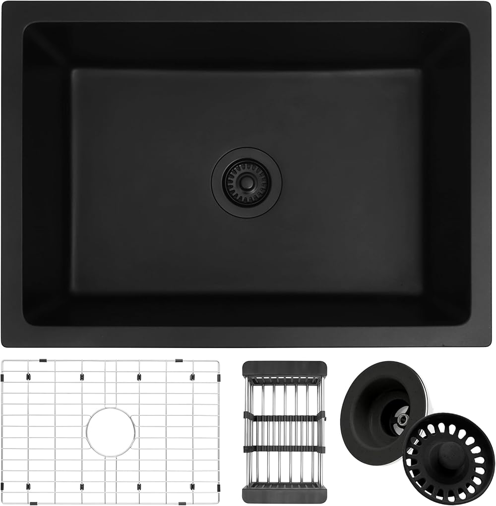 Undermount Kitchen Sink, 27 Inch Matte Black Granite Composite Sink, Single Bowl Kitchen Sink, Small Kitchen Sink With Accessories, Granite Kitchen Sink, Black Sink Kitchen