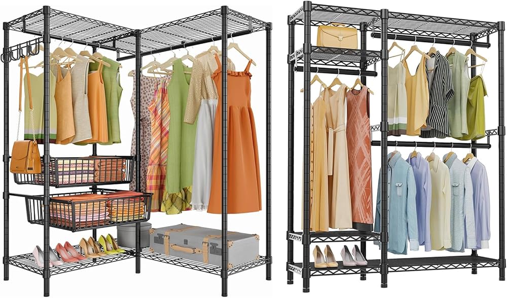VIPEK L9 & V2S Bundle, Garment Rack for Hanging Clothes, Portable Closet Metal Clothing Rack with Adjustable Shelves and Hanging Rods, L9 Corner Clothing Rack with Slide Baskets,Black