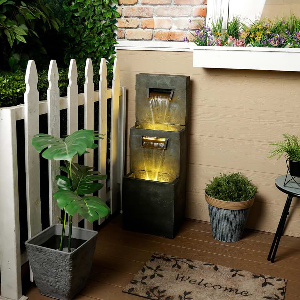 3-Tier Polyresin Modern Stone Wall Fountain w/Warm White LED