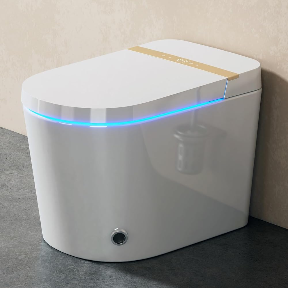 Modern Smart Toilet with Bidet Built In, Heated Seat, and Warm Air Dryer for Bathrooms. Intelligent Tankless Toilet with Automatic Open/Close Lid and Seat, Remote Control.