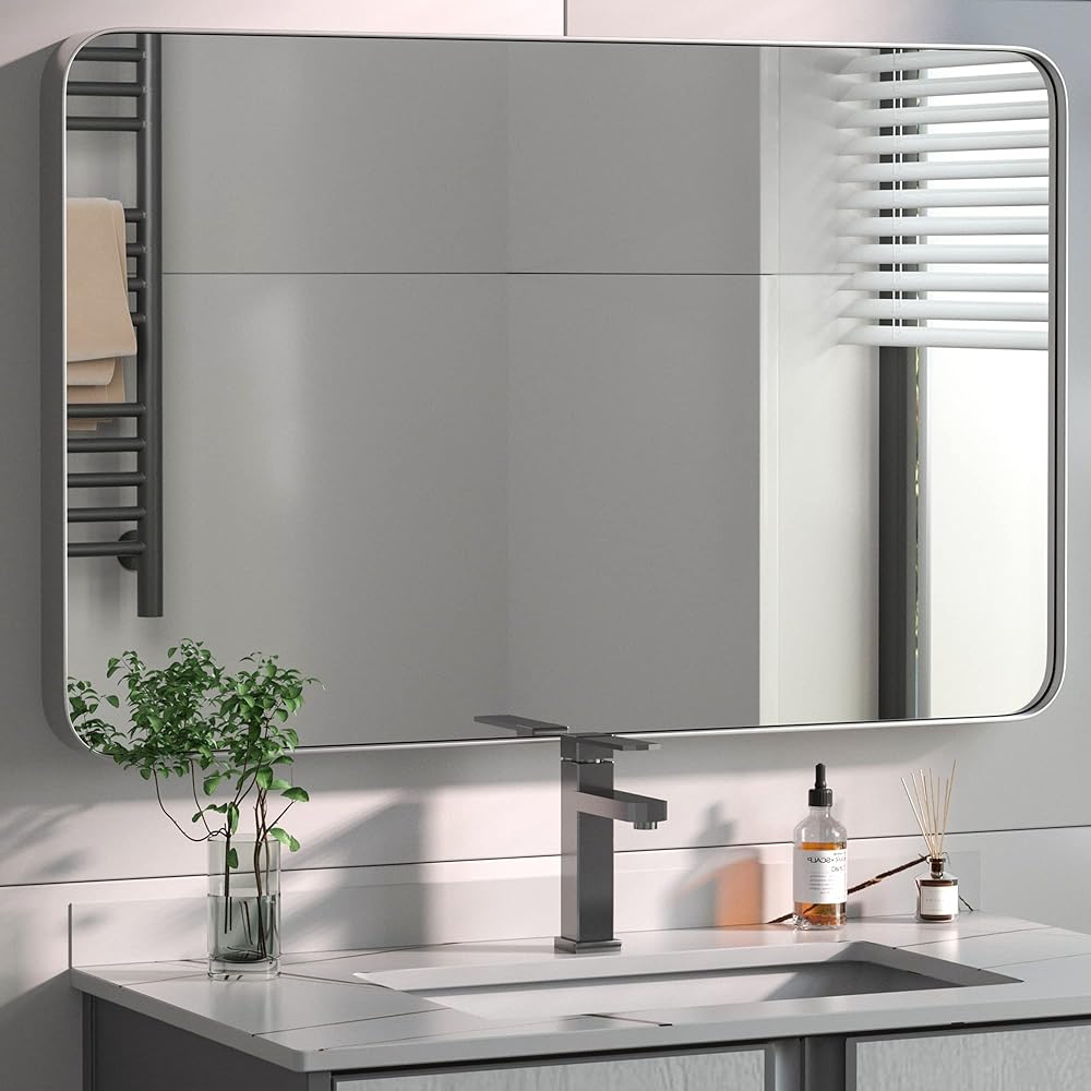 30x40-Inch Brushed Nickel Bathroom-Vanity-Mirror for Wall - 304 Stainless Steel Silver Frame Bathroom Mirrors, Rectangle Farmhouse Mirror, Vertical Or Horizontal Hanging Modern Mirror
