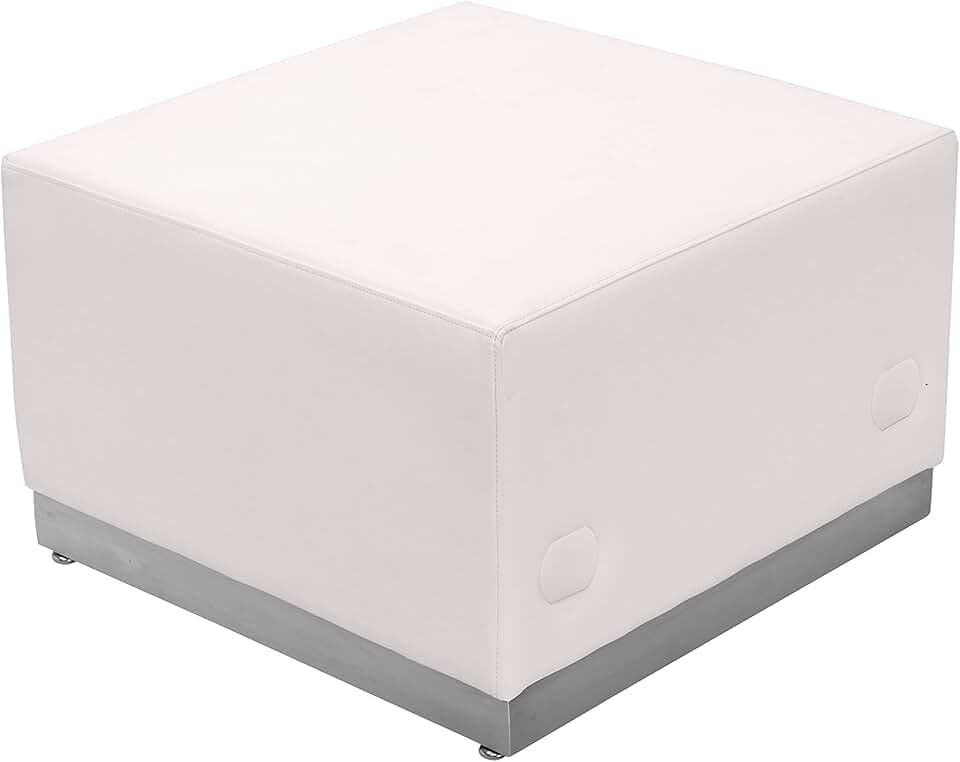 Flash Furniture HERCULES Alon Series White LeatherSoft Ottoman with Brushed Stainless Steel Base