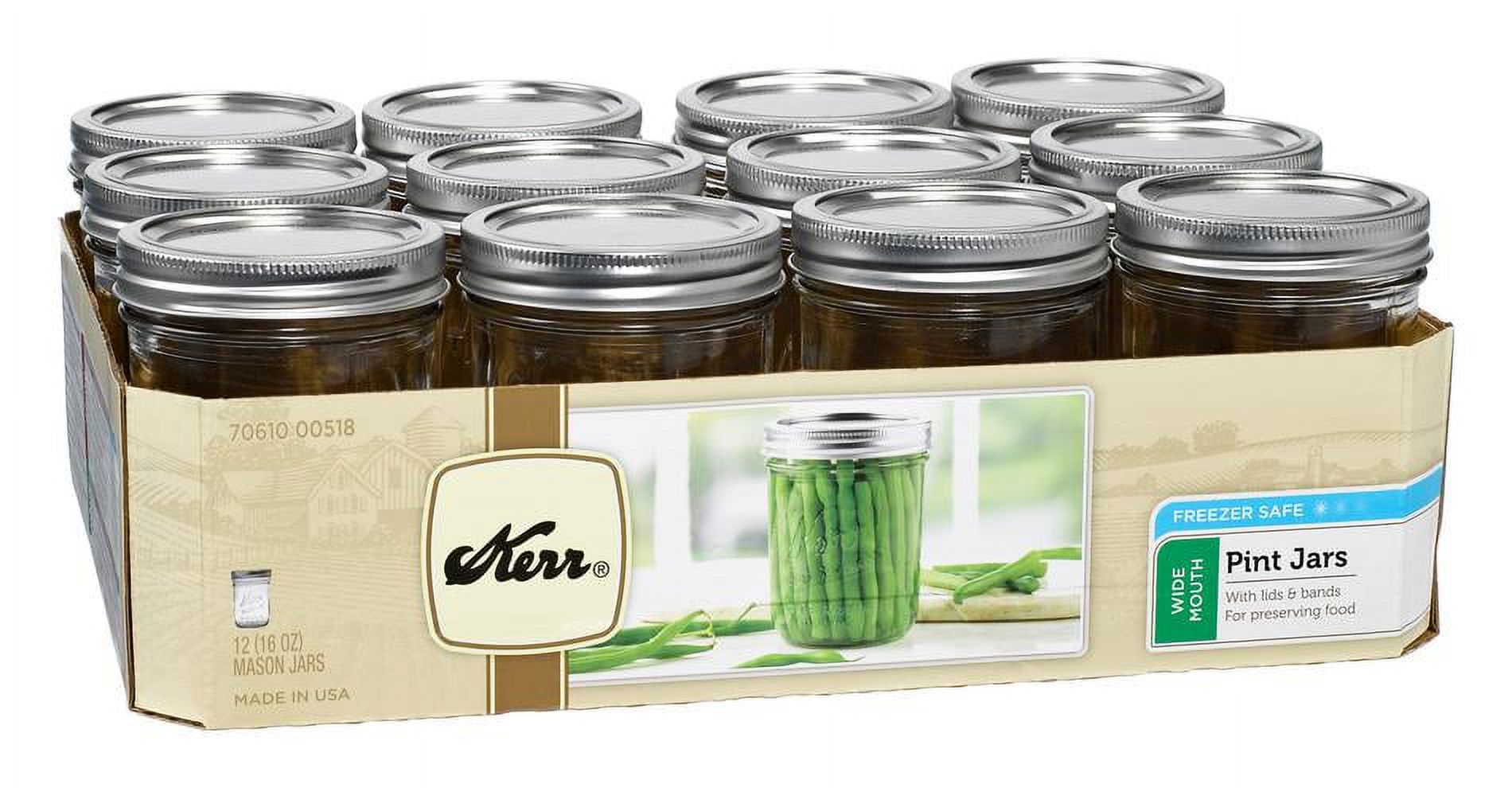Kerr Canning Jars, Wide Mouth Pint (16 oz.) Mason Jars with Lids and Bands, 12 Count