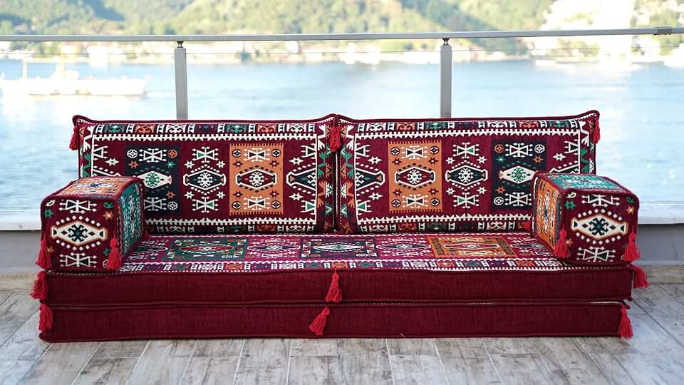 Maroon Arabic Floor Sofas, Ethnic Cushions, Window Seat, Terrace Garden Couch, Floor Sofa Seating, Arabic Majlis, Moroccan Livingroom Couch (Sofa Only, 8'' Thickness (20 cm))