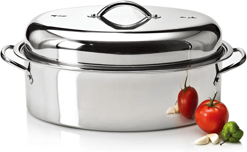 Stainless Steel Roasting Pan 3 Sizes Oval Turkey Roaster Pan with Steamer Rack and Lid Portable Baking Tray for Oven Cooking Grilling Turkey Chicken at Home or Thanksgiving, Silver (Extra large)
