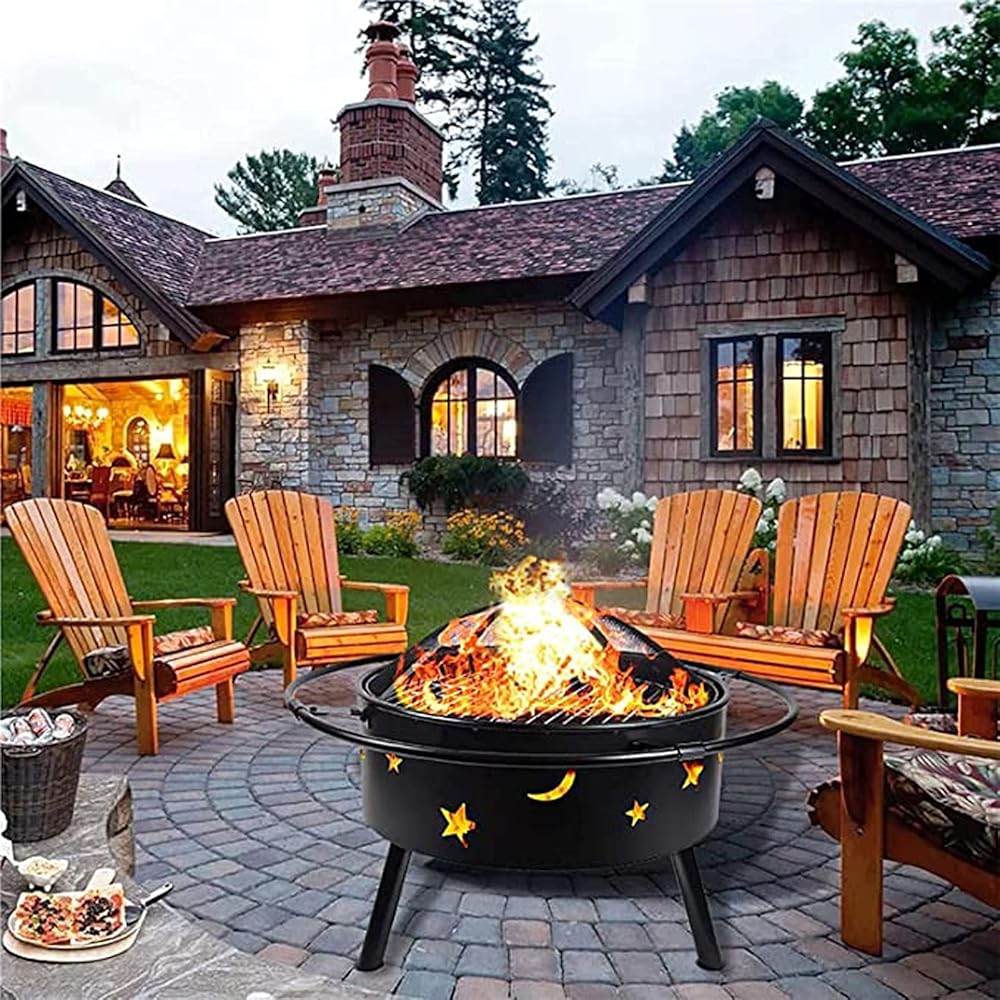 Outdoor Fire Pits, Metal Wood Burning Firepits for Outside, Movable Fire Pit, Patio Heater, Stars and Moons Design Pattern, with Fireplace Poker