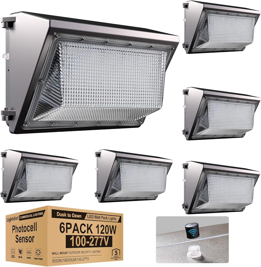 6Pack 120W LED Wall Pack Lights, 100-277v Dusk to Dawn with Photocell, 18000Lm 5000K Daylight IP65 Waterproof Wall Mount Outdoor Security Lighting Fixture, Energy Saving