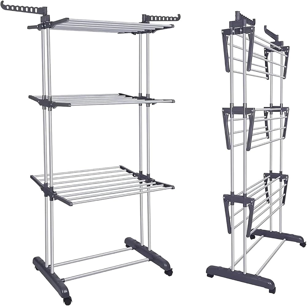 Clothes Drying Rack with 4 Tiers and Foldable Wings, Stainless Steel Construction
