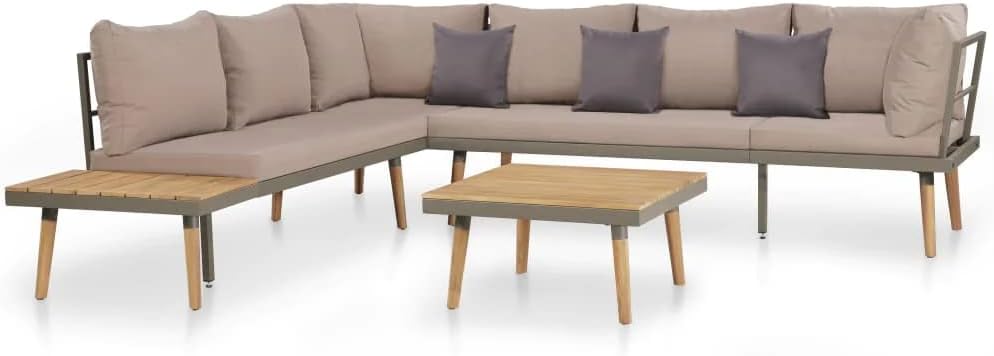 vidaXL 4-Piece Patio Lounge Set with Cushions - Brown/Gray Solid Acacia Wood Sectional Sofa Set - Durable Outdoor Conversation Furniture Set with Coffee Table