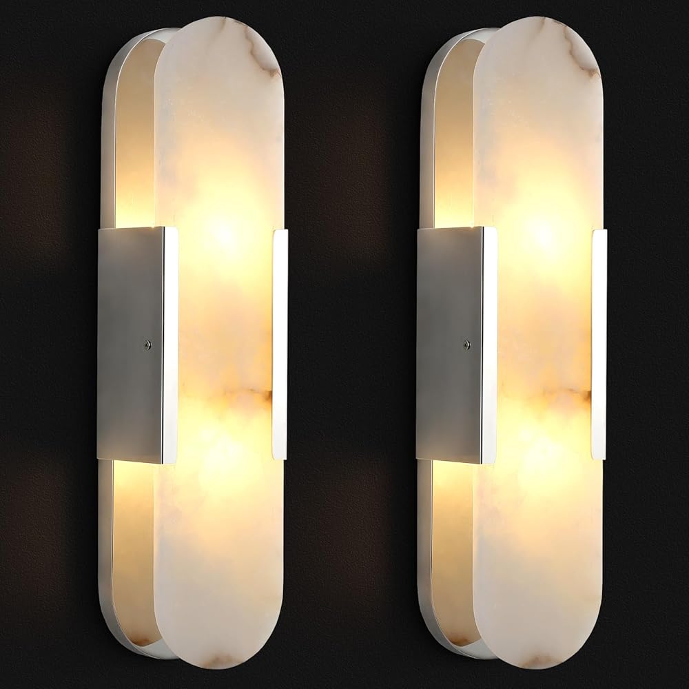 Wall Sconces Set of Two,19.7'' Alabaster Wall Sconce,Nickel Bedside Wall Lamp for Bathroom,Indoor Wall Lights Vanity Light Fixtures Perfect for Hallway, Living Room (Including Bulb)
