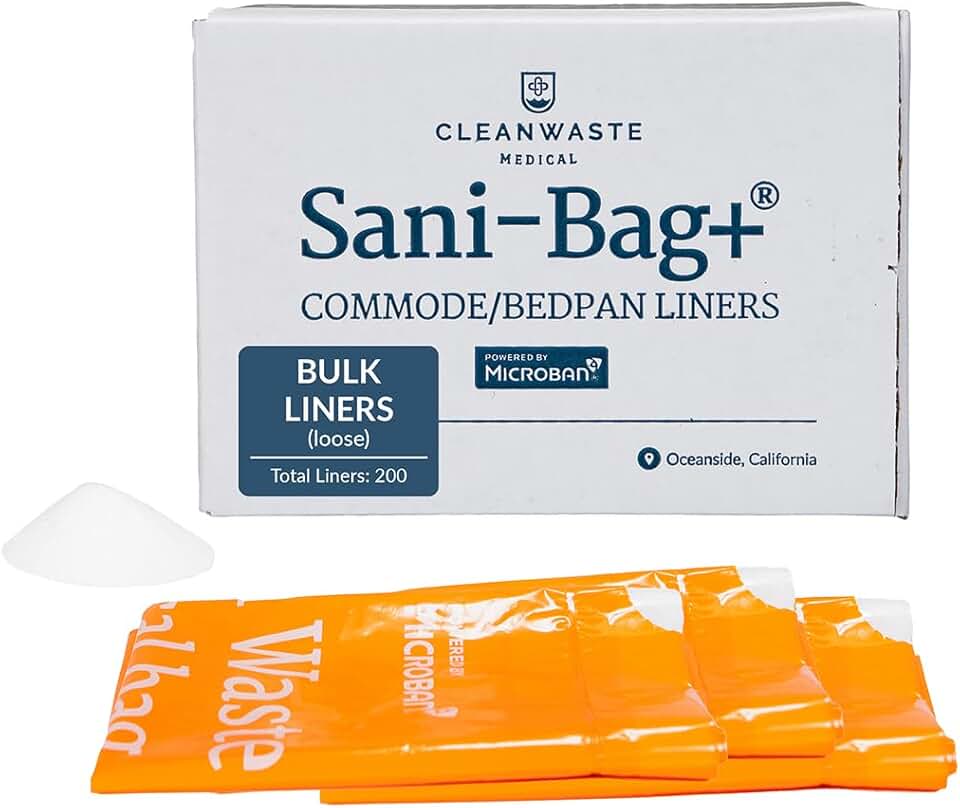Sani-Bag+ Commode Liners with Microban (Bulk, 200-Count) - Extra Absorbent Gelling Powder for Poop/Urine - No Odor & No Leaks - for Healthcare & Home Care - (Orange, Drawstring)