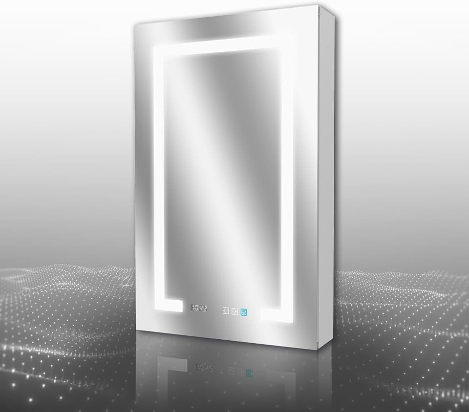Lighted Medicine Cabinet 20 x 32 Inch, Recessed or Surface led Medicine Cabinet, Clock, Room Temp Display,Defog,Night Light,Stepless Dimming,3000K-6400K, Outlets & USBs,Hinge on The Right