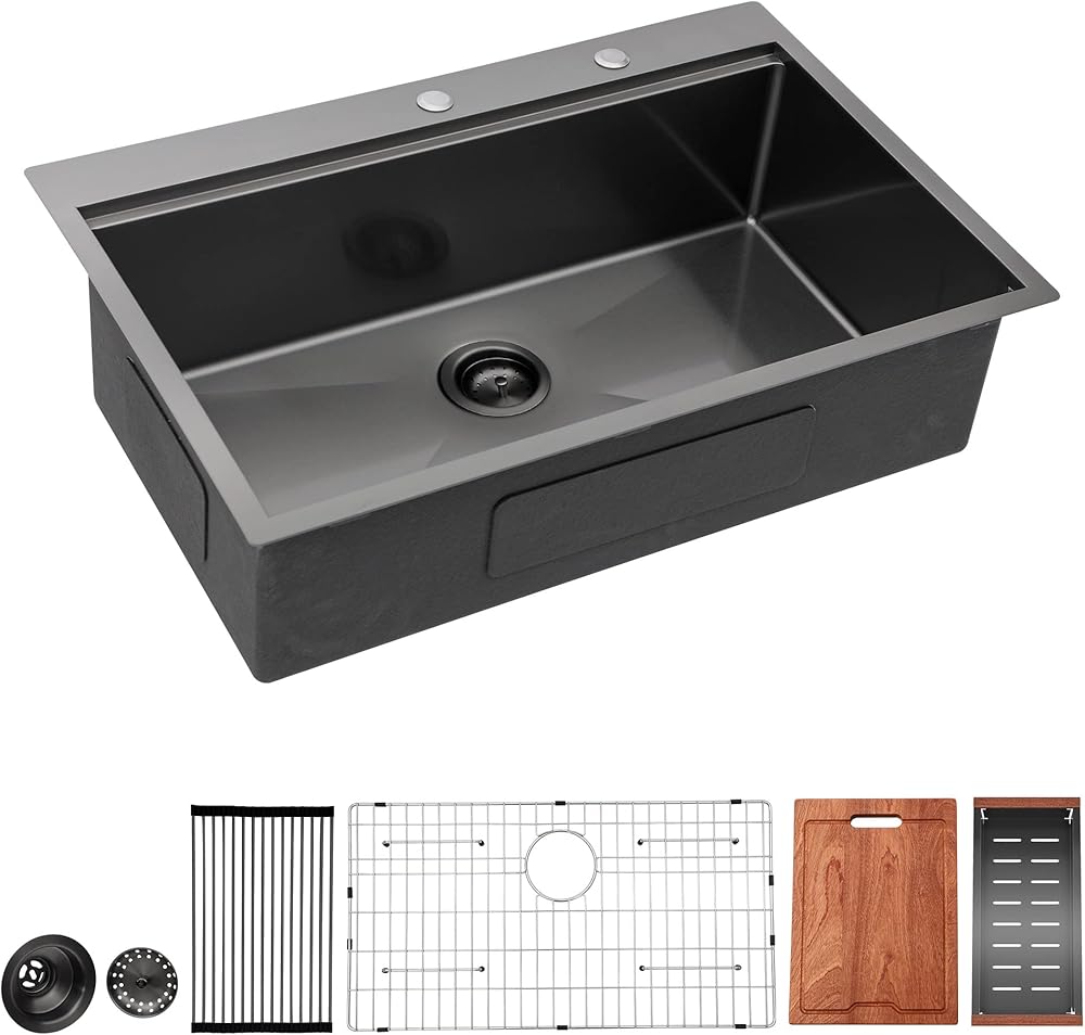 Lordear Black Kitchen Sink 33 Inch Gunmetal Black Drop in Stainless Steel Sink R10 Round Corner Ledge Workstation 33x22x10 Topmount 16 Gauge All In One Sinks