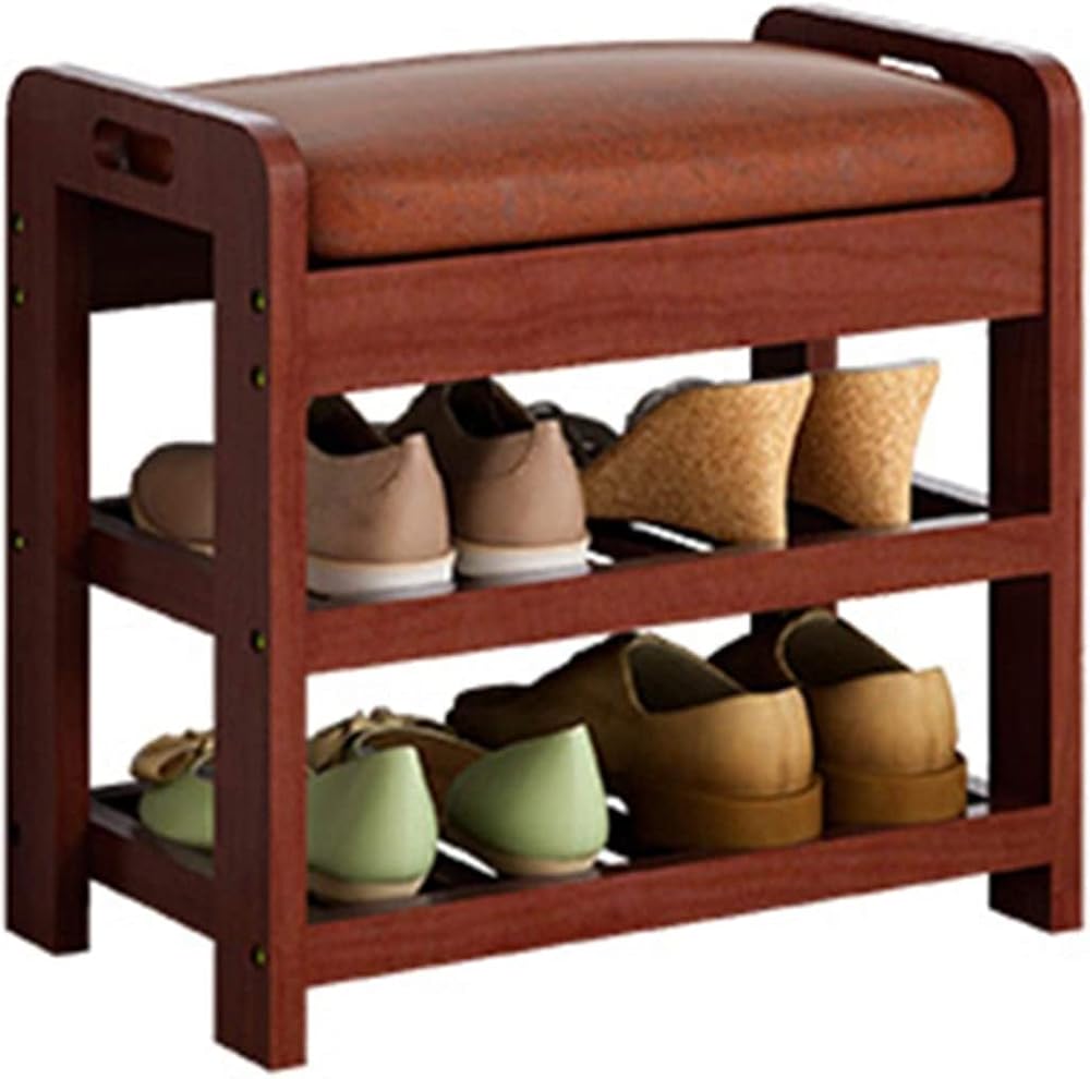 Shoe Storage Bench Entryway Hallway Furniture, Shoe Bench Rack Entryway Chinese Retro Frame, Shoe Changing Stool with Leather Cushion Solid Wood Shoe Stool, Simple Modern(48 * 29 * 45cm)