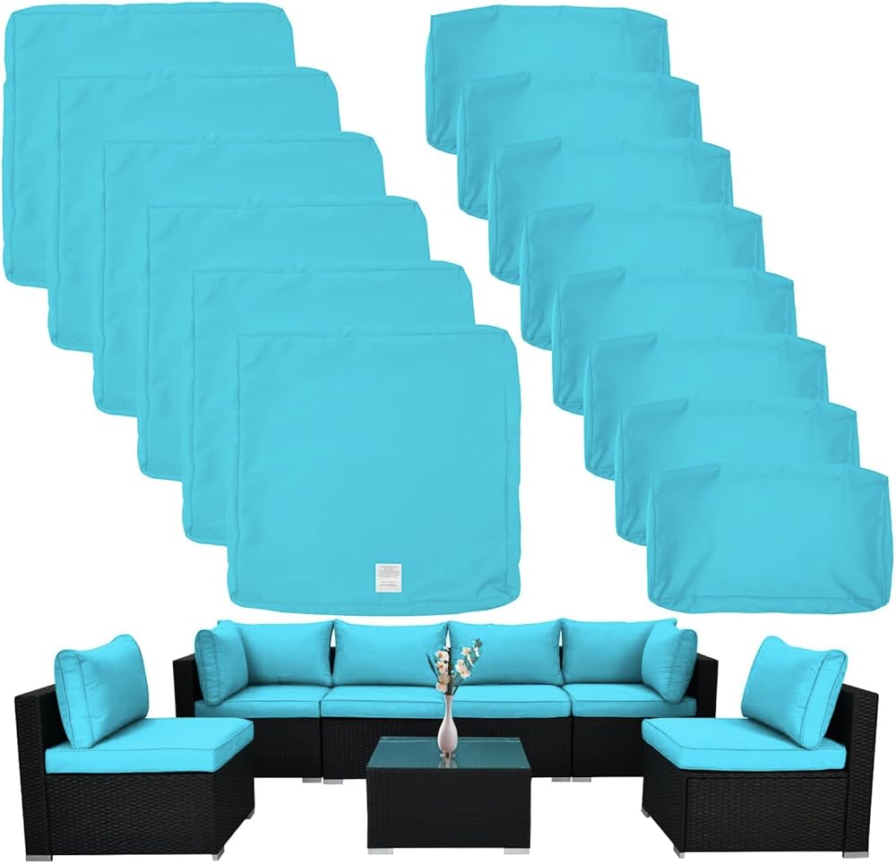 ClawsCover 14Pack Outdoor Seat and Back Cushions Replacement Covers Fit for 7Pieces 6-Seater Wicker Rattan Patio Furniture Set Sectional Couch Chair,Turquoise-Include Cover Only (Small)