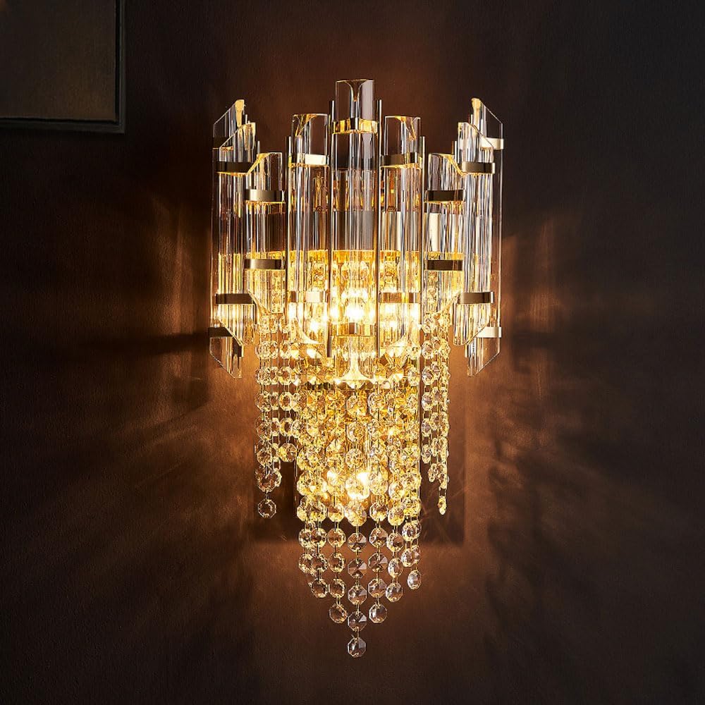 Mid-Century Crystal Wall Light, Luxury Indoor Wall Sconce Gold Finish Wall Sconce, Modern K9 Crystal Drops Shade Wall Lamp Bedroom Living Room Lighting