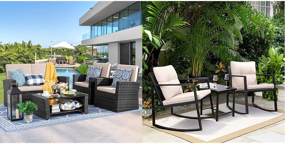 Shintenchi 4-Piece Outdoor Patio Furniture Set, Wicker Rattan Sectional Sofa Couch & Greesum 3 Pieces Rocking Wicker Bistro Set, Patio Outdoor Furniture Conversation Sets