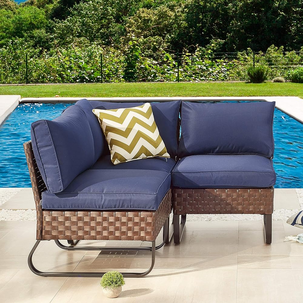 LOKATSE HOME 3 Pcs Outdoor Rattan Furniture Patio Conversation Sectional Set All-Weather Wicker Corner Sofa Metal Armless Chair with Cushion, Blue
