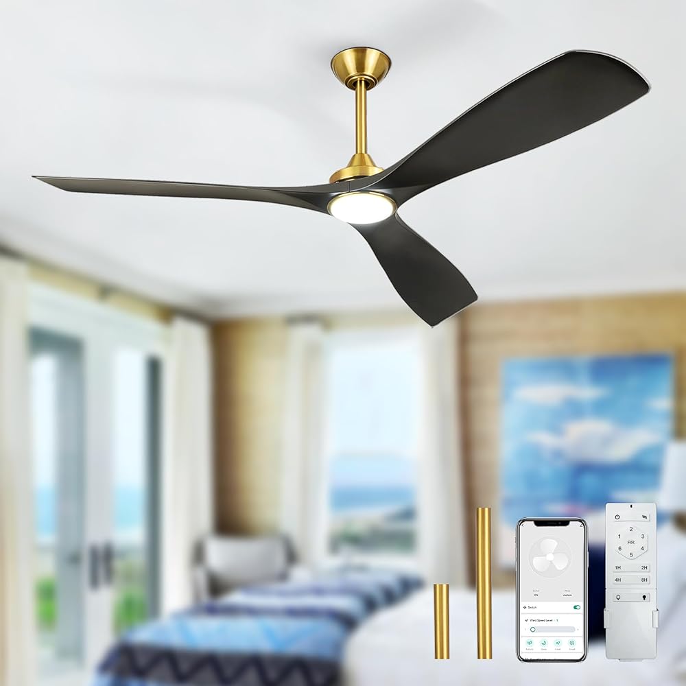 Modern Ceiling Fans with Lights 60 Inch Black and Gold Ceiling Fans with Remote, 3 Blades 6 Speeds Low Profile Ceiling Fan with Quiet DC Motor for Living Room Bedroom Outdoor Patios